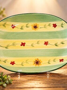 Pfaltzgraff Daybreak 14" Oval Handled Serving Platter Floral Green Yellow